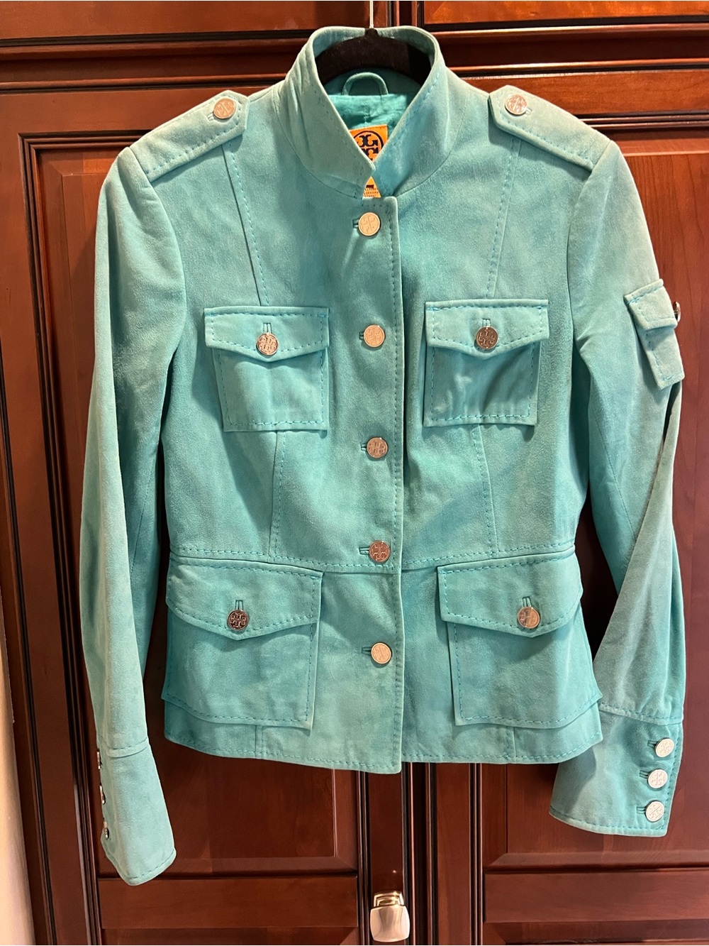 Tory Burch Soft Light Turquoise Color Fully Lined Suede Jacket - 4